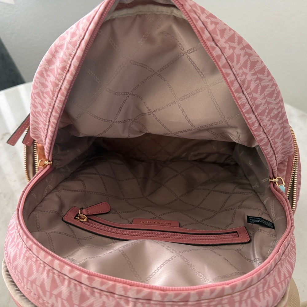 Michael Kors Pink Prescott Large Signature Logo Print Woven Backpack - Picture 4 of 15